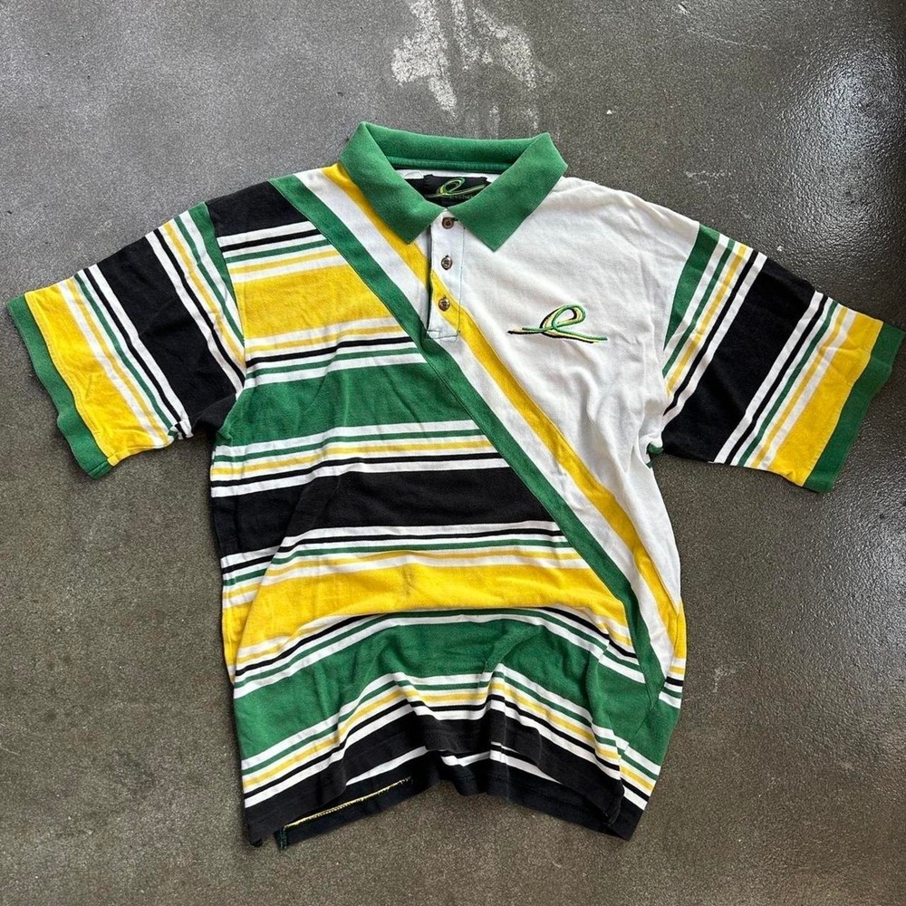 Vintage 90s Evolution Green Yellow Size XL Cotton Striped Polo Tee Shirt